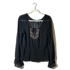 Laundry by Shelli Segal Black Silk Embroidered Sheer Women's Top Size Large